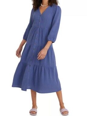 Marine Layer Willow Cotton Midi Dress Size XS Gauze Button Front Blue Boho Chic